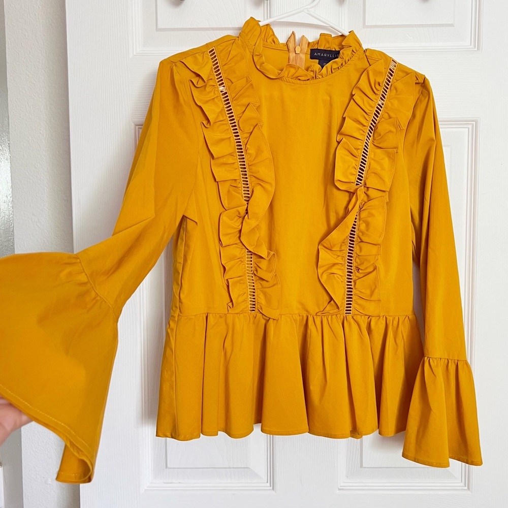 Amaryllis | Anthropologie | Yellow Mustard Long Sleeve Ruffle Top